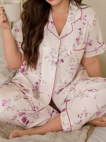 CottageSlumber 花卉印花褶皱领口口袋设计大码女式睡衣套装 - 杏色 - 查看 3