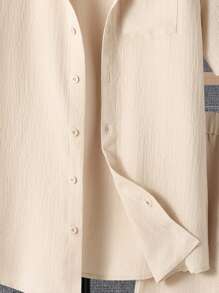 SHEIN 2 件套青少年男童休闲舒适纹理针织短袖衬衫和短裤套装，春季服装 - 卡其色 - 查看 6