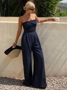 DAZY Women's Summer Sexy Bandeau Denim Jumpsuit, Waist-Cinched Loose Casual Overall Pants - Dark Wash - View 5