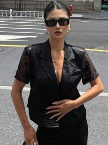 TrendSteals 女士夏季蕾丝拼接翻领露背薄款夹克 - 黑色 - 查看 4