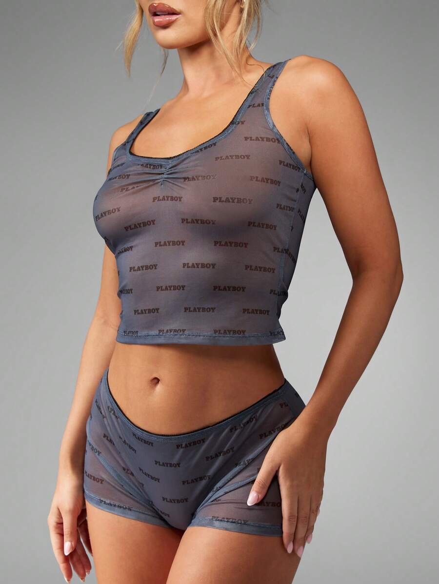 Missguided x Playboy All Over Print Co-Ord Set Two Piece Crop Top Boy Shorts Athletic Workout Lounge Wear Activewear Gym Outfit Summer Casual Clothing Set - Black - View 1