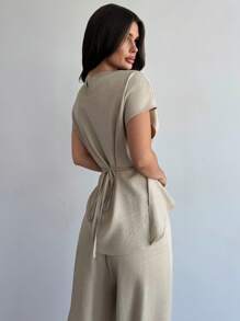 Firerie 女士优雅通勤裹胸系带上衣和阔腿裤套装 - 杏色 - 查看 3