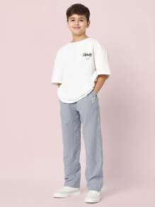 SUMWON Twill Seersucker Pull On Pants Relaxed Fit Classic Stripe Pattern Straight Leg Casual Everyday School Uniform Style Vacation Spring Summer