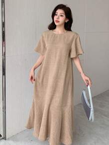 DAZY Plain V-Neck Ruffle-Trim Mid-Length Dress For Women Maxi Dress - Apricot - View 3