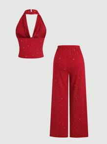 Sweetra 2 件闪亮亮片露背吊带背心和阔腿裤套装，性感火辣女孩风格