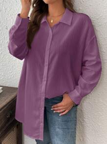 SHEIN LUNE 冬季服装纹理休闲大码纯色夏季长袖衬衫 - 淺灰紫 - 查看 6