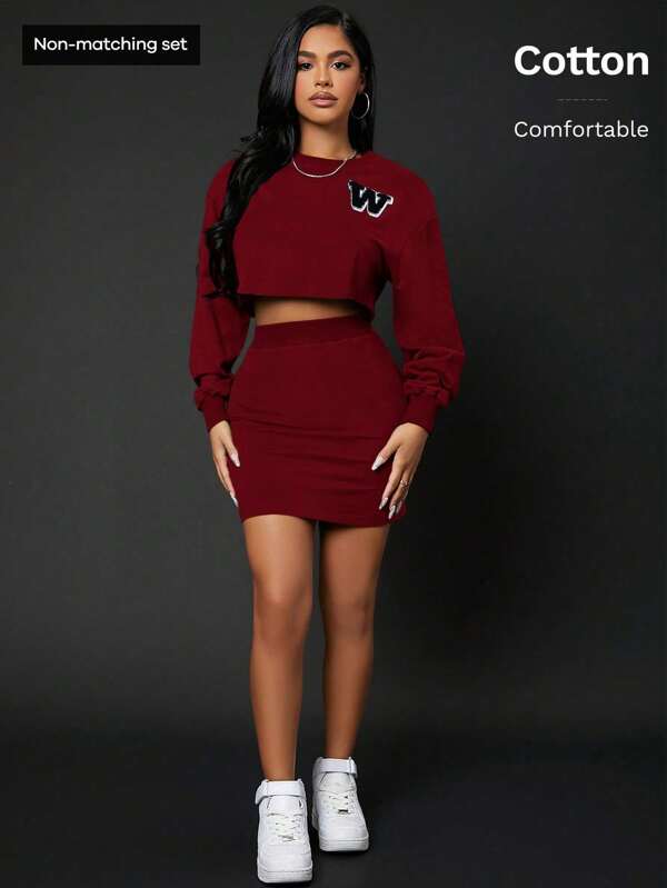 SHEIN SXY Letter Embroidery Drop Shoulder Crop Sweatshirt,Long Sleeve Tops