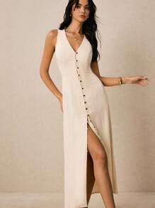 Poéselle 白色连衣裙，亚麻连衣裙，单排扣，前开衩，女士纯色单排扣开衩无袖长裙，面料舒适透气，适合日常外出、通勤、海滩度假、居家、约会等场合女士连衣裙优雅礼服女士连衣裙生日