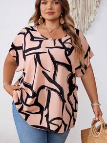 SHEIN CURVE+ 大码女式休闲条纹几何图案宽松圆领衬衫，适合春夏季穿着，可用于海滩度假、海滩休闲、海滩必备、毕业典礼、下午茶聚会、夏季乡村风、海滩度假、海滩/沙滩装等场合。 - 彩色 - 查看 4