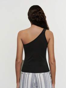 Lumivelle Women's Bow Decor Oblique Shoulder Black Asymmetrical Top - Black - View 2