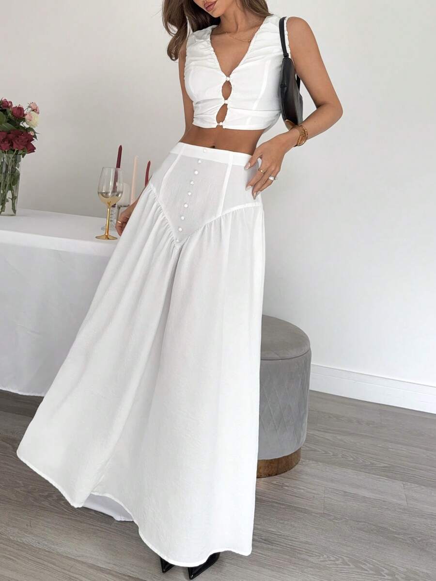 SHEIN Essnce Summer Outfits For Women Professional Women Clothes Vacation Outfits Woman Wedding Guest Dress Women Women Two Pieces Outfits For Daily Wear - White - View 1