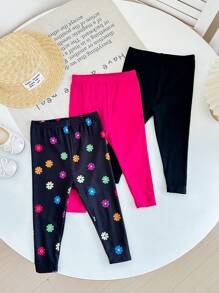 Set de 3 piezas de leggings casuales y cómodos con estampado floral para bebé niña, incluye pantalones negros y rosas - Multicolor - Ver 6