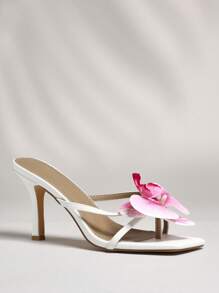 SHUZIA 女士一脚蹬兰花装饰中高夏季度假可爱性感PU白色高跟穆勒鞋