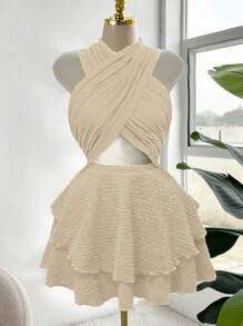 Sweetra 大码女式镂空荷叶边交叉 V 领沙滩裙，时尚设计，春夏新品 - 杏色 - 查看 6