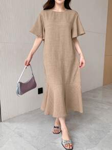 DAZY Plain V-Neck Ruffle-Trim Mid-Length Dress For Women Maxi Dress - Apricot - View 5