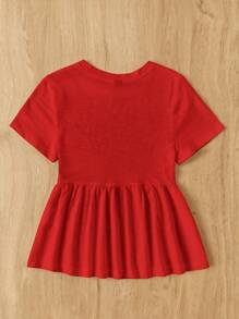 SHEIN EZwear 加大码女式红色圆领棉质拼布A字形多莉T恤，荷叶边上衣 - 紅色 - 查看 2
