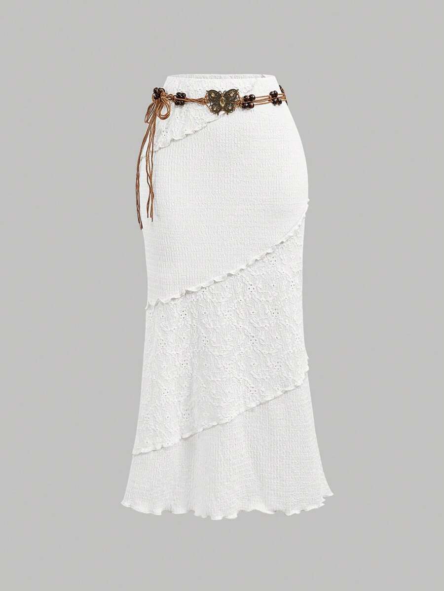 SHEIN MOD Women's White Patchwork Bohemian Maxi Skirt With Belt - White - View 1