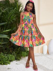 SHEIN 少女玫瑰红无袖编织热带植物印花花卉吊带裙，度假，夏季连衣裙，夏季度假，蝴蝶结 - 彩色 - 查看 3