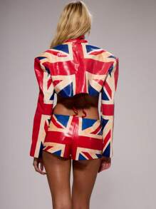 MUSERA Pu Leather High Neck Union Jack Cropped Jacket Spring, Summer, Holiday, Festival, Rave, Grunge, Cool Girl, Y2K Fall Streetwear