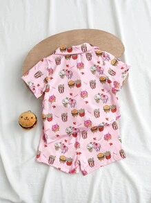 Baby Girl Cute Light Pink Summer Holiday Graphic Shorts Set,Cartoon Burger Fries Doughnut Print Short Sleeve Cardigan Soft Comfortable Home Outfit - Pink - View 2
