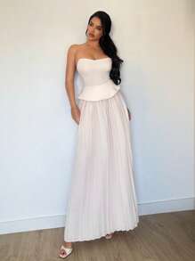 Firerie Summer Women's 2-Piece Set Elegant Off-White Waist Cinched Bandeau Top And Mesh Midi Skirt,Formal Wedding Guest Dress,Resort Outfits For Party,Office - Apricot - View 6