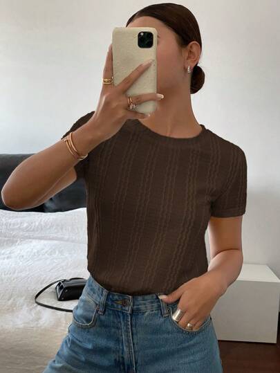 Siren Gaze Camiseta de cuello redondo de manga corta de unicolor para mujer, versátil para el verano