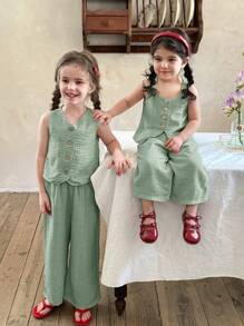 LMoss Kids 2pcs Baby Girl Set: Woven Solid Square Collar Top And Loose Casual Pants - Green - View 1