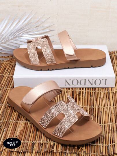 SHUZIA Sandalias planas de uso diario, de ajuste ancho, con banda ajustable en forma de H y de colores combinados, para mujer, cómodas y de moda