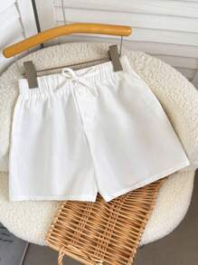 SHEIN Tween Girls Casual Solid White Front Button Drawstring Waist Shorts