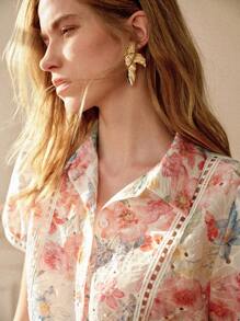 Écloséra Elegant And Fashionable Women's Embroidered Puff Short-Sleeved Shirt, Summer Women's Button-Down Shirt, Ladies Teacher Clothing - Multicolor - View 5