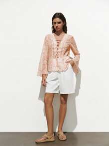 Lumivelle Women's Fashion Lace-Up Flare Sleeve Chiffon Printed Blouse