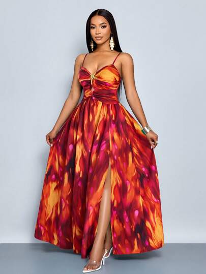 SOLERSUN Sexy Tropical Print Backless Beach Dress With High Slit & Golden Starfish Decor, Vacation Cami (Random Floral)