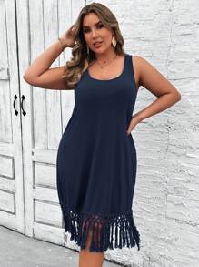 SHEIN VCAY 大码夏季沙滩度假无袖拼接流苏针织蓝色连衣裙 女式大码太阳裙 女式短裙 夏季女装 夏季服装 女装，女士太阳裙，太阳裙 - 藍色 - 查看 4