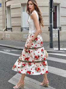 Chiquease Elegant Elastic Waist Floral Lace Patchwork A-Line Skirt - Apricot - View 2