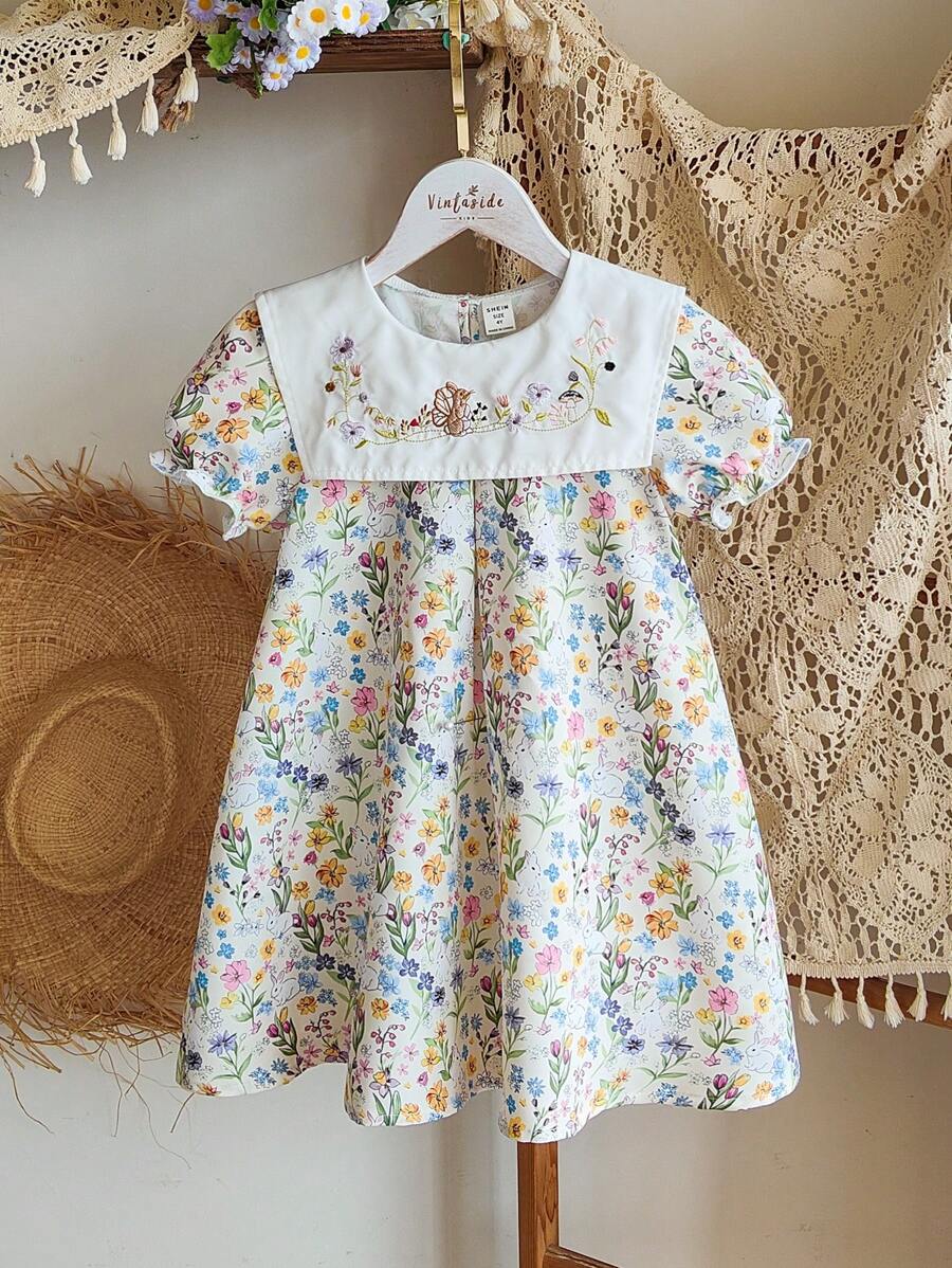 Vintaside Kids Young Girl Fashion Cute Embroidered Rabbit Summer Dress - Apricot - View 1