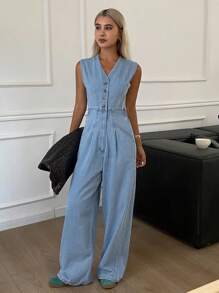 Livesso 女式夏季修身V领束腰无袖休闲牛仔连体裤和工装裤 - 白色 - 查看 4