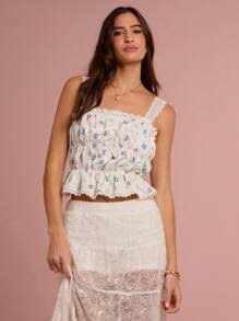 Camiseta de tirantes de mujer con estampado floral diminuto, encaje de contraste y volantes - Azul - Ver 5