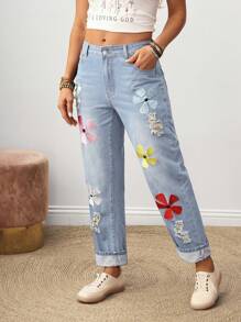 SHEIN Tall 女士休闲度假通勤花卉刺绣做旧修身牛仔裤 - 藍色 - 查看 5