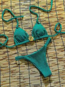 Swim Chiccia Damen Sommer Strand einfarbige Jacquard Material Spaghetti-Träger Metallschalendekor Sexy Bikini-Set - Grün - Übersicht 1