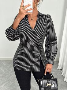 Elenzga Blusa ajustada de talla grande con rayas verticales, la talla grande vendida - Multicolor - Ver 5