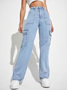 SHEIN EZwear 大码女式休闲直筒牛仔裤，带工装口袋，浅蓝色牛仔长裤