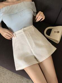 Modelyn Women's Summer Casual Solid Color Embroidered Jacquard Shorts - White - View 1