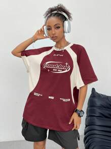 Coolane Women's Summer Streetwear Going Out Oversize Street-Style Versatile Splicing Contrast Color Moto Print Raglan Sleeve Jersey T-Shirt - Red - View 6