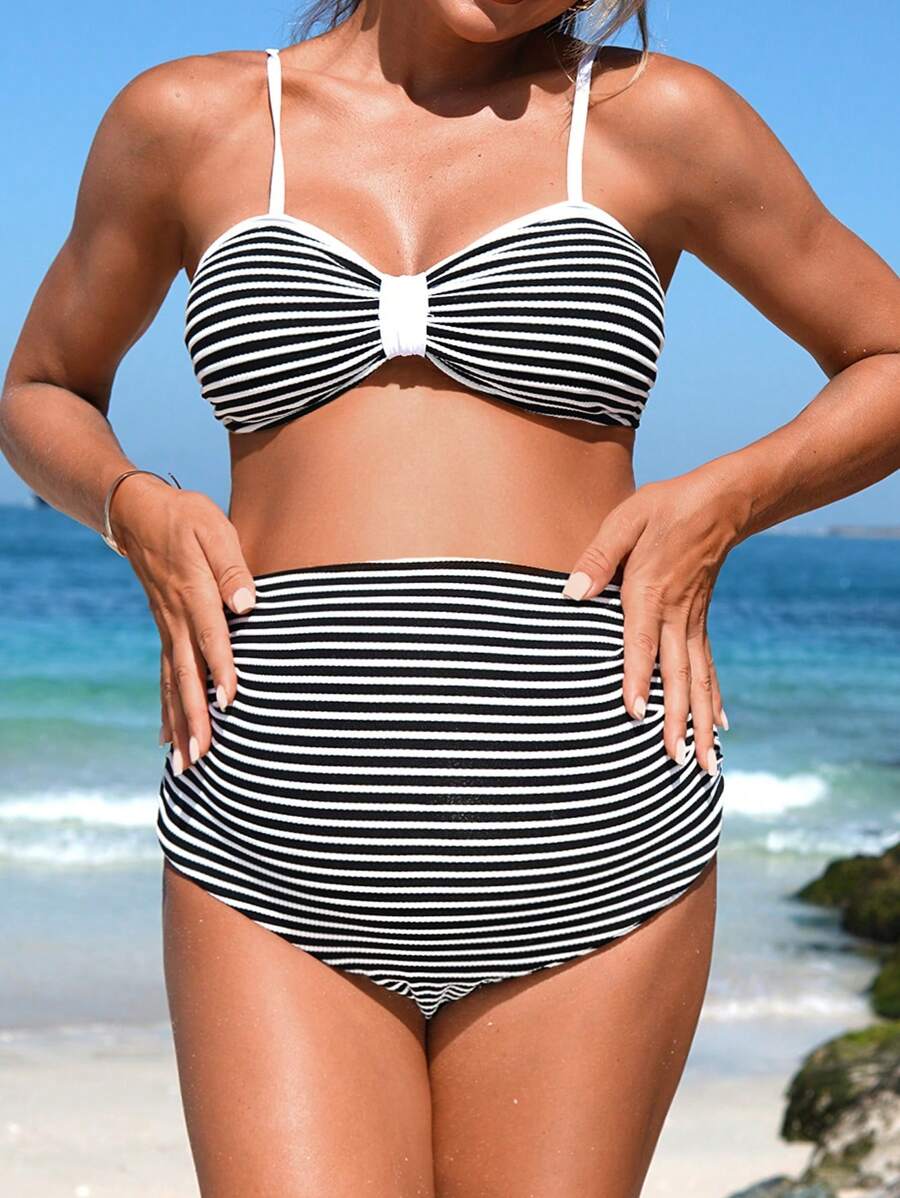 SHEIN Maternity Striped Ruffled Bikini Sexy Swimwear Set For Summer Beach Vacation - Black and White - View 1