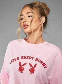 Missguided x Playboy Love Every Bunny überschnittenes Baumwoll-T-Shirt, Oster-Wochenend-Urlaubs-Grafik-Muster, rosa Lässig-Straßen-Stil Lounge Geschenk T-Shirt - Babypink - Übersicht 6