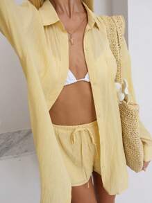 SHEIN PETITE Conjunto de 2 piezas para mujeres de primavera y verano, informal y versátil, con camisa suelta de manga larga de lino trasparente con botones y pantalones cortos de talle bajo de unicolor - Amarillo - Ver 3