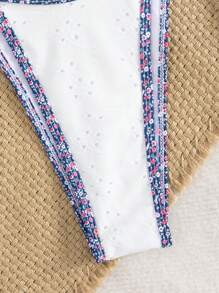 Swim Mod 2pcs Ditsy Floral Embroidery Knot Front Bikini Set, Fresh Ditsy Floral Pattern, Vacation Style, Summer