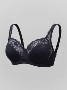1pc Plus Size Supportive Wireless Lace Patchwork Comfortable Bra For Large Bust - Black - View 6