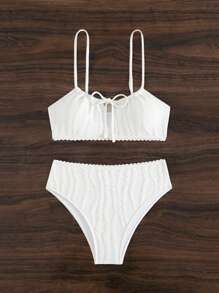 Swim Mod 女士纯白色纹理材质镂空胸蝴蝶结精致蕾丝高腰内裤，时尚优雅，可爱甜美，2 件比基尼套装 - 白色 - 查看 2