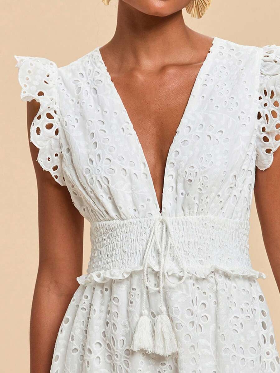 Travachic Váy dài cổ chữ V thêu lỗ màu trơn mùa hè dành cho nữ có mũ trùm đầu, váy trắng, quần áo mùa hè, trang phục đi biển dành cho nữ - trắng - Xem 1